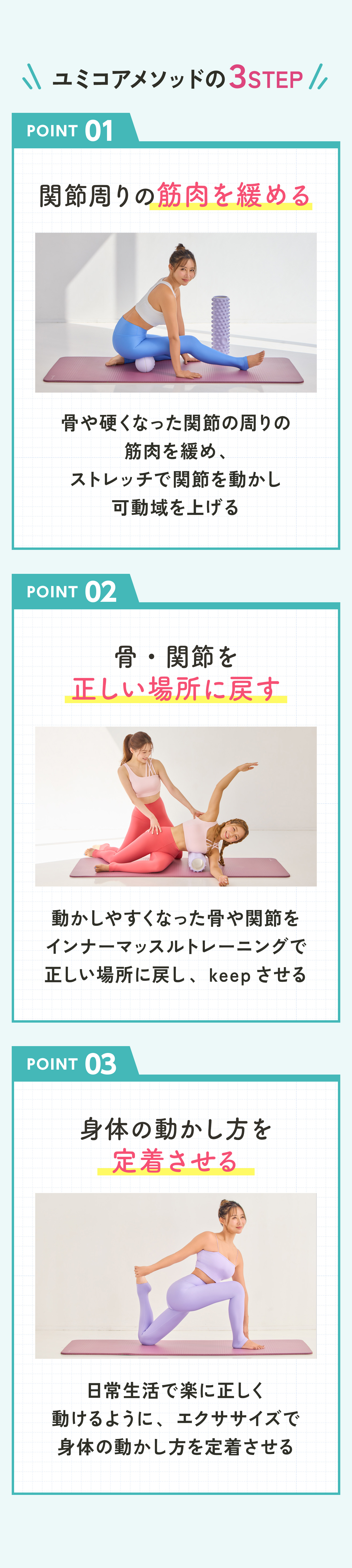 ユミコアメソッドの3STEP POINT 01 関節周りの筋肉を緩める 骨や硬くなった関節の周りの 筋肉を緩め、 ストレッチで関節を動かし 可動域を上げる POINT 02 骨・関節を 正しい場所に戻す 動かしやすくなった骨や関節を インナーマッスルトレーニングで 正しい場所に戻し、 keep させる POINT 03 身体の動かし方を 定着させる 日常生活で楽に正しく 動けるように、エクササイズで 身体の動かし方を定着させる 